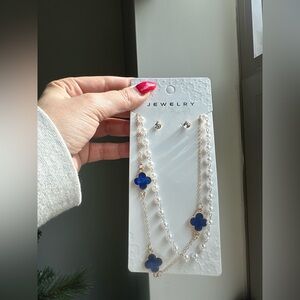 Blue and Gold Necklace with pearls and Earring Set - 3pc